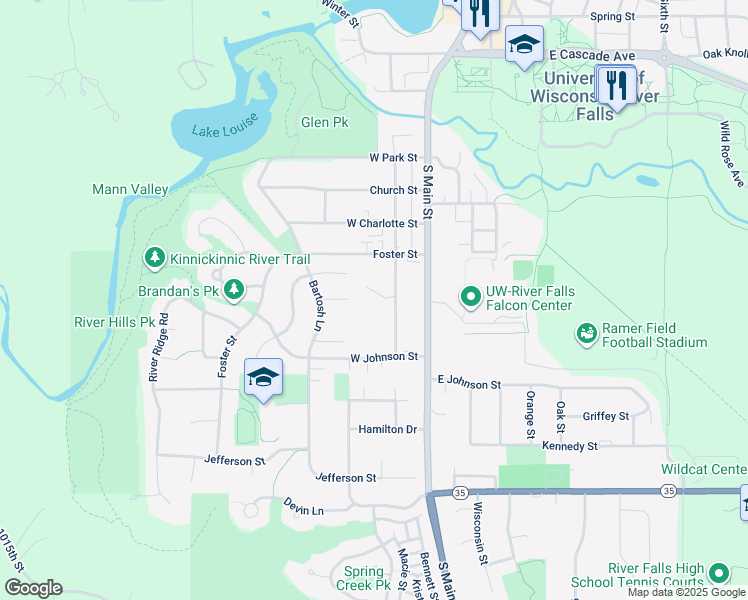 map of restaurants, bars, coffee shops, grocery stores, and more near 1029 State Street in River Falls