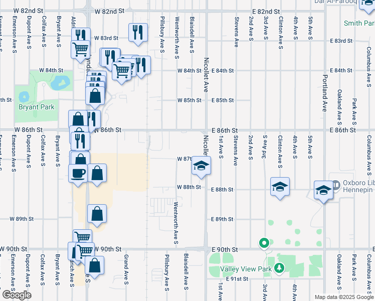 map of restaurants, bars, coffee shops, grocery stores, and more near 8641 Wentworth Avenue South in Minneapolis