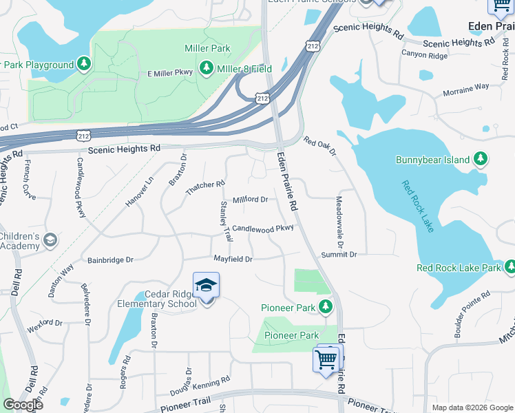 map of restaurants, bars, coffee shops, grocery stores, and more near 16369 Millford Drive in Eden Prairie