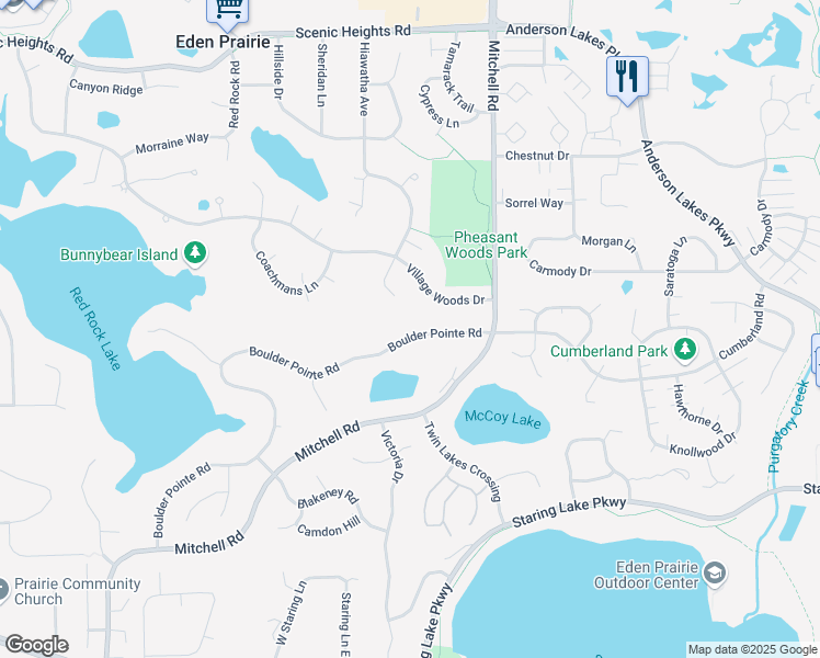 map of restaurants, bars, coffee shops, grocery stores, and more near 14670 Boulder Pointe Road in Eden Prairie