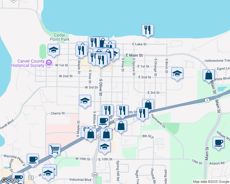 map of restaurants, bars, coffee shops, grocery stores, and more near 249 South Elm Street in Waconia