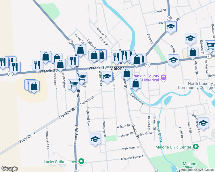 map of restaurants, bars, coffee shops, grocery stores, and more near 15 Francis Street in Malone