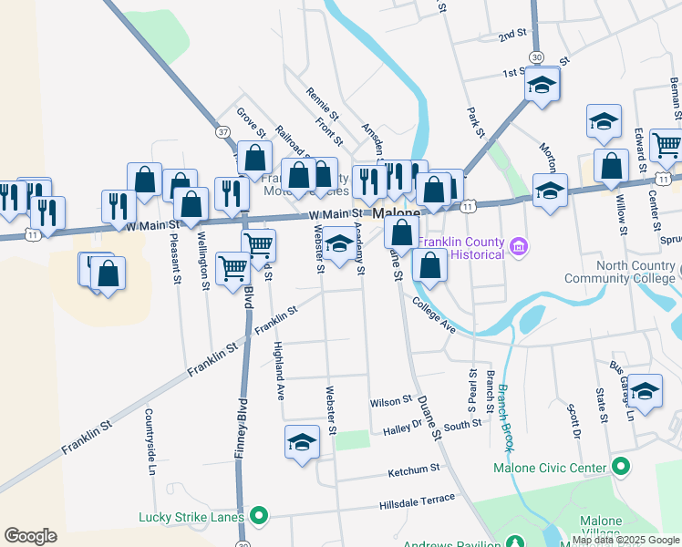 map of restaurants, bars, coffee shops, grocery stores, and more near 15 Francis Street in Malone