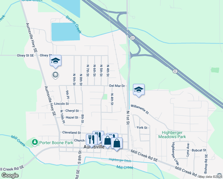 map of restaurants, bars, coffee shops, grocery stores, and more near 395 Del Mar Drive in Aumsville