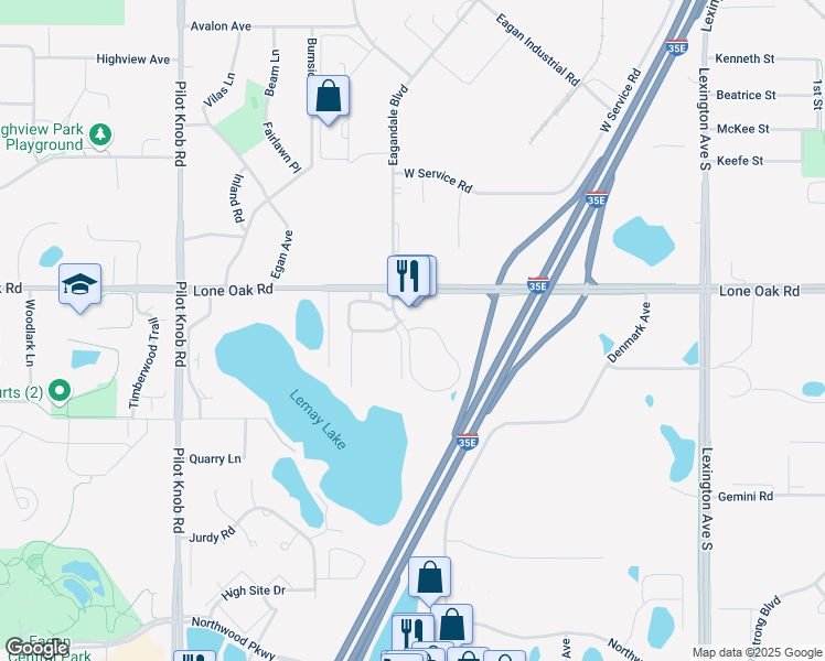 map of restaurants, bars, coffee shops, grocery stores, and more near 1250 Lone Oak Road in Eagan