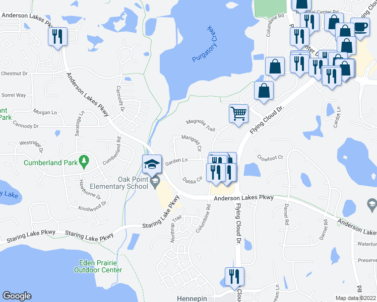 map of restaurants, bars, coffee shops, grocery stores, and more near 13000 Garden Lane in Eden Prairie