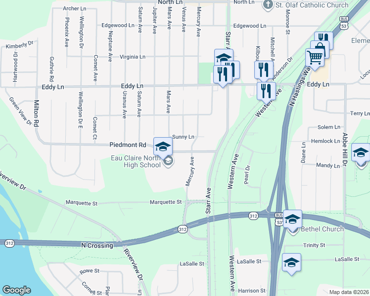 map of restaurants, bars, coffee shops, grocery stores, and more near 1902 Piedmont Road in Eau Claire