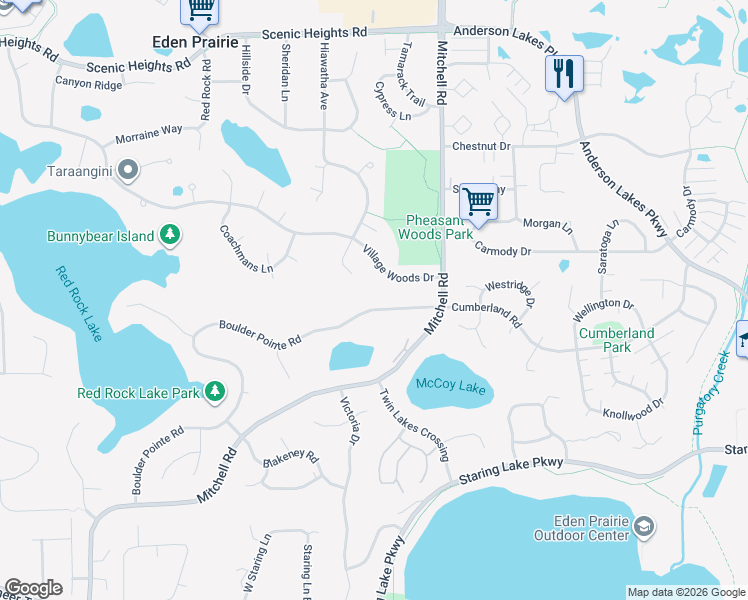 map of restaurants, bars, coffee shops, grocery stores, and more near 14670 Boulder Pointe Road in Eden Prairie