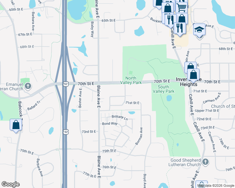 map of restaurants, bars, coffee shops, grocery stores, and more near 7075 Blake Path in Inver Grove Heights