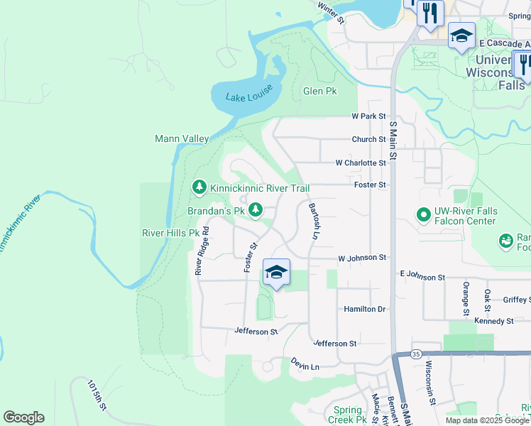 map of restaurants, bars, coffee shops, grocery stores, and more near 418 River Hills Road in River Falls