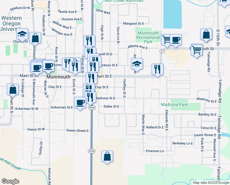 map of restaurants, bars, coffee shops, grocery stores, and more near 266 Craven Street North in Monmouth