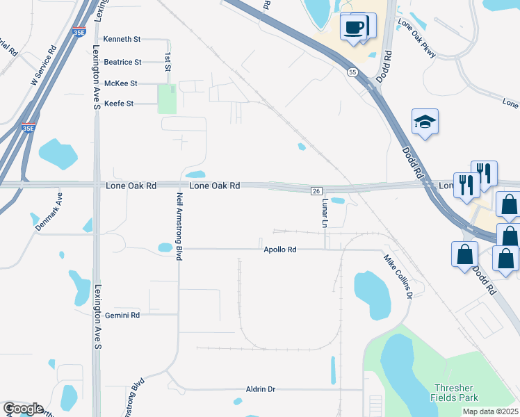 map of restaurants, bars, coffee shops, grocery stores, and more near 940 Lone Oak Road in Eagan