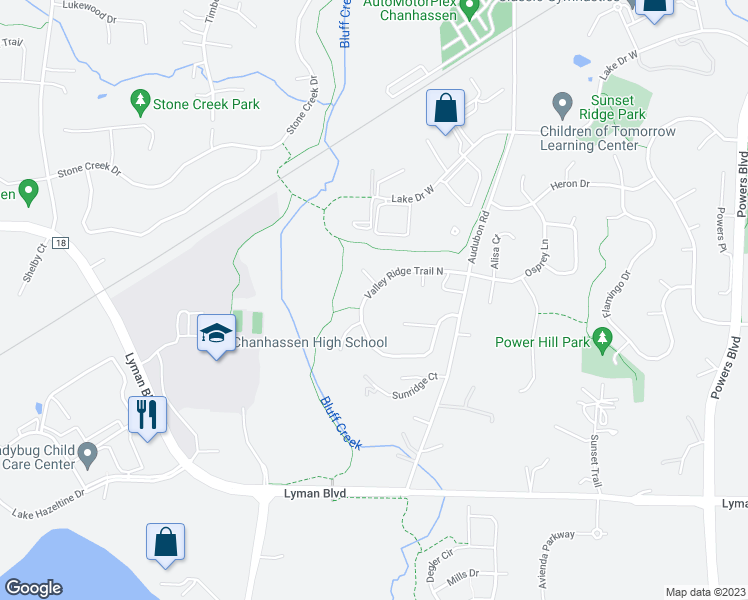 map of restaurants, bars, coffee shops, grocery stores, and more near 1829 Valley Ridge Trail North in Chanhassen