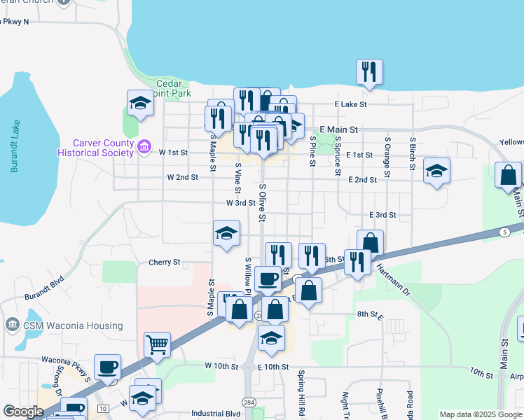 map of restaurants, bars, coffee shops, grocery stores, and more near 200 South Olive Street in Waconia