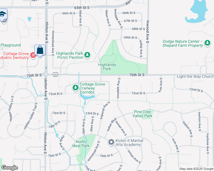 map of restaurants, bars, coffee shops, grocery stores, and more near 7130 Imperial Avenue South in Cottage Grove