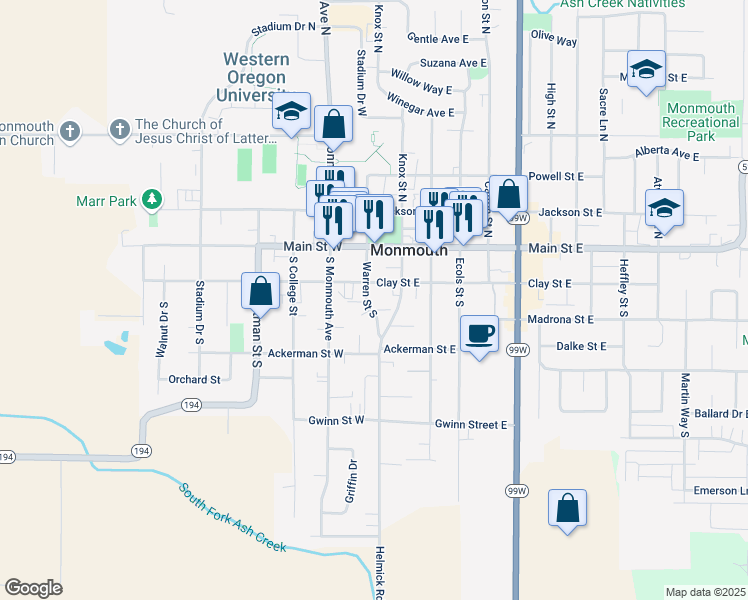 map of restaurants, bars, coffee shops, grocery stores, and more near 245 Warren Street South in Monmouth