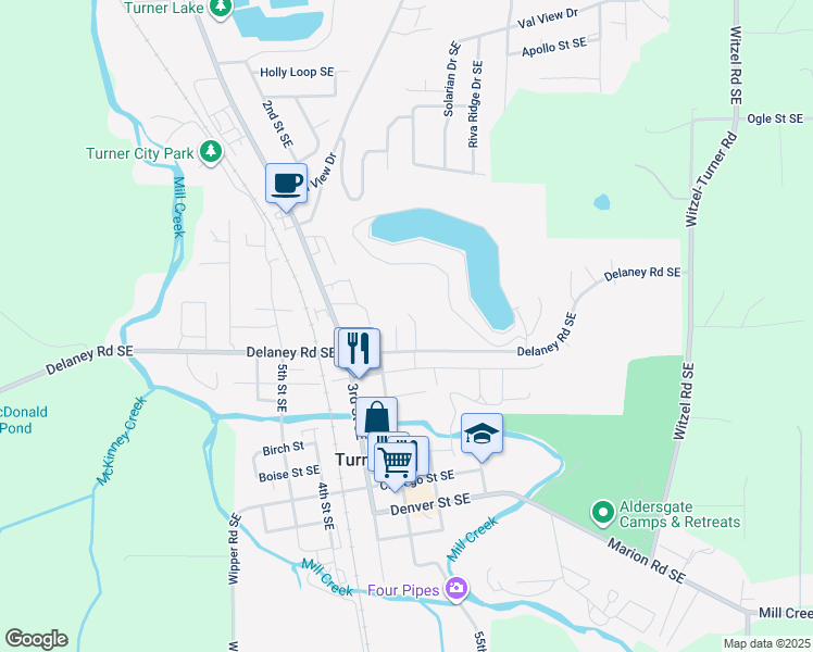 map of restaurants, bars, coffee shops, grocery stores, and more near 7440 Feather Court Southeast in Turner