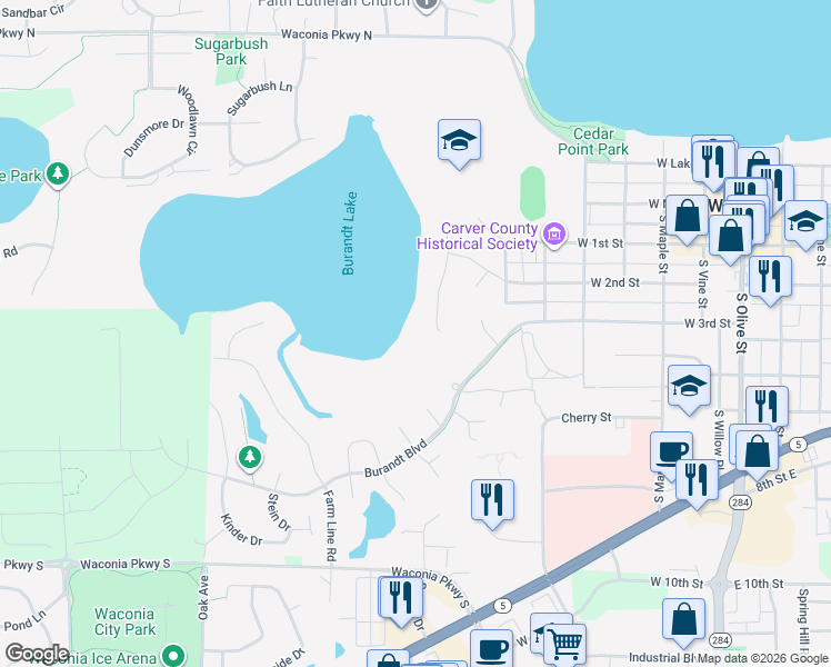 map of restaurants, bars, coffee shops, grocery stores, and more near 252 Sunset Boulevard in Waconia