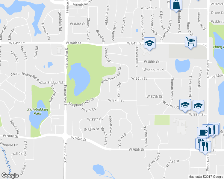 map of restaurants, bars, coffee shops, grocery stores, and more near 3341 Shepherd Hills Circle in Minneapolis