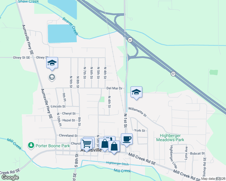 map of restaurants, bars, coffee shops, grocery stores, and more near 395 Del Mar Drive in Aumsville