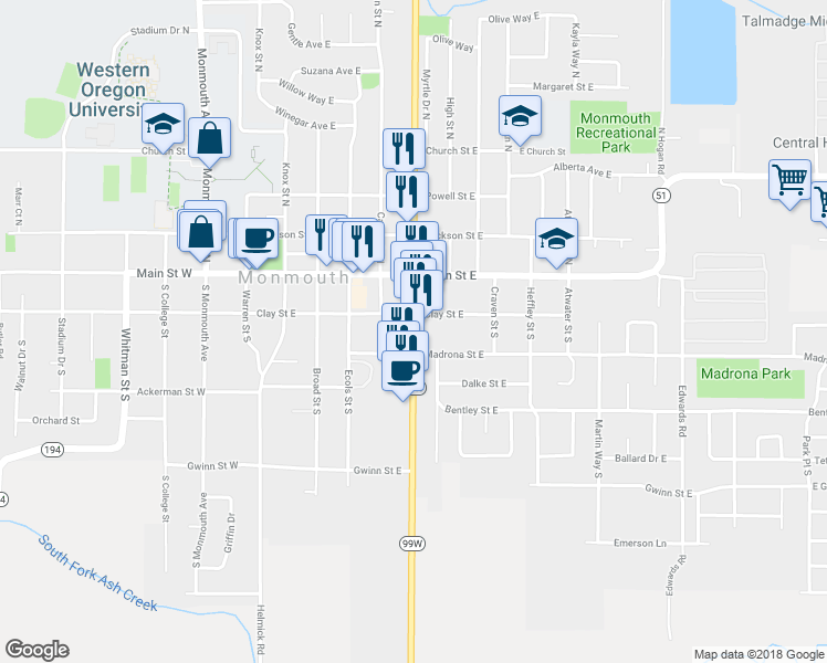 map of restaurants, bars, coffee shops, grocery stores, and more near 249 North Pacific Avenue in Monmouth