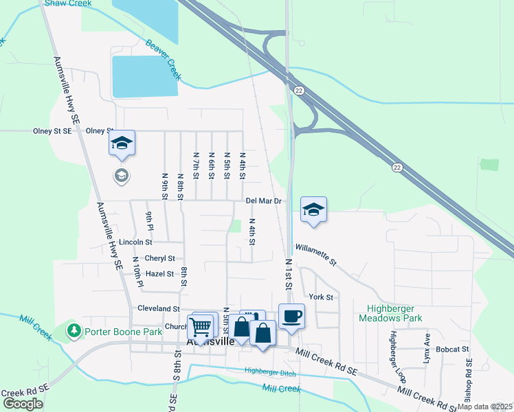 map of restaurants, bars, coffee shops, grocery stores, and more near 395 Del Mar Dr in Aumsville