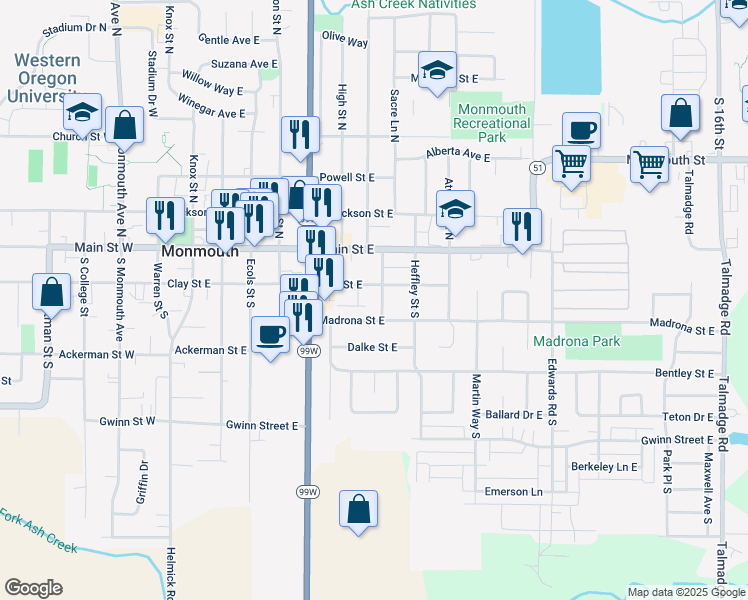 map of restaurants, bars, coffee shops, grocery stores, and more near 266 Craven Street North in Monmouth
