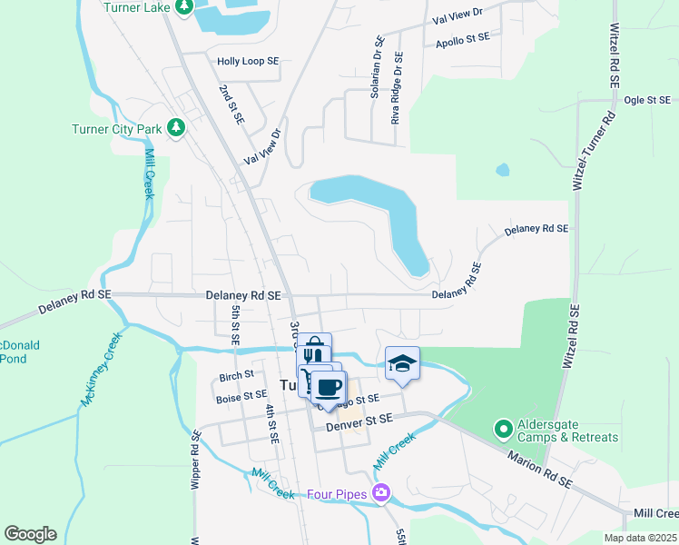 map of restaurants, bars, coffee shops, grocery stores, and more near 7440 Feather Court Southeast in Turner