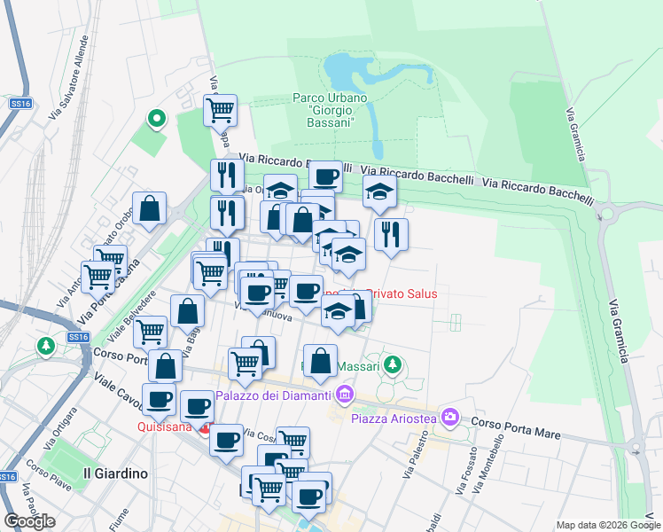 map of restaurants, bars, coffee shops, grocery stores, and more near 13 Via Giovanni Boccaccio in Ferrara