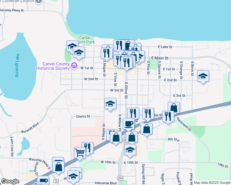 map of restaurants, bars, coffee shops, grocery stores, and more near 191 West 3rd Street in Waconia