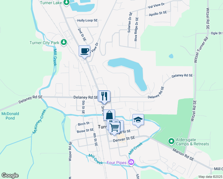 map of restaurants, bars, coffee shops, grocery stores, and more near 7441 Feather Court Southeast in Turner