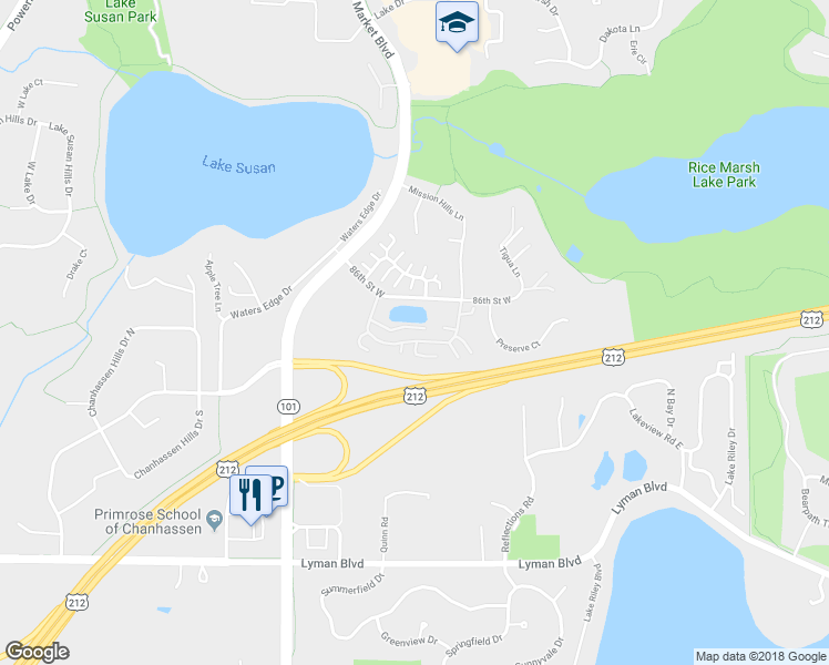 map of restaurants, bars, coffee shops, grocery stores, and more near 497 Marshland Trail in Chanhassen