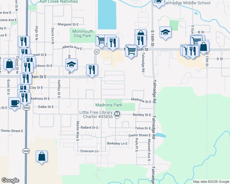 map of restaurants, bars, coffee shops, grocery stores, and more near 154 Killen Court in Monmouth