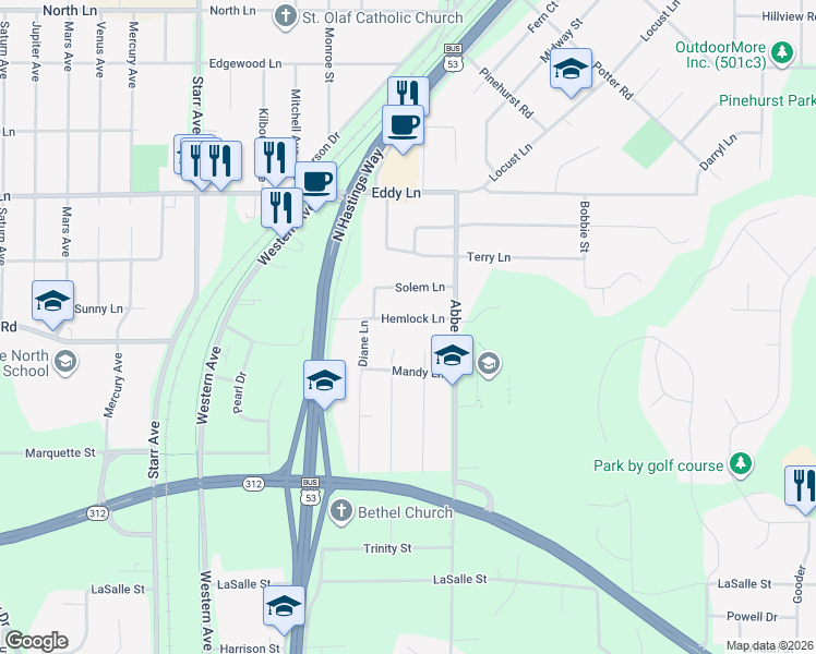 map of restaurants, bars, coffee shops, grocery stores, and more near 2831 Hemlock Lane in Eau Claire