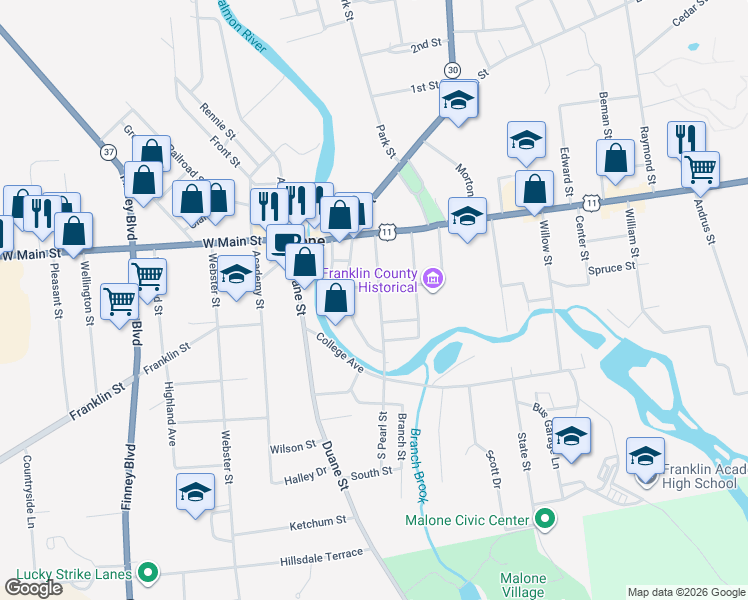 map of restaurants, bars, coffee shops, grocery stores, and more near 63 Pearl St in Malone