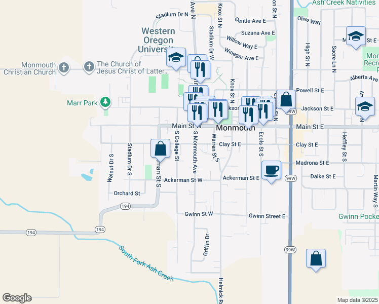 map of restaurants, bars, coffee shops, grocery stores, and more near 11 South College Street in Monmouth