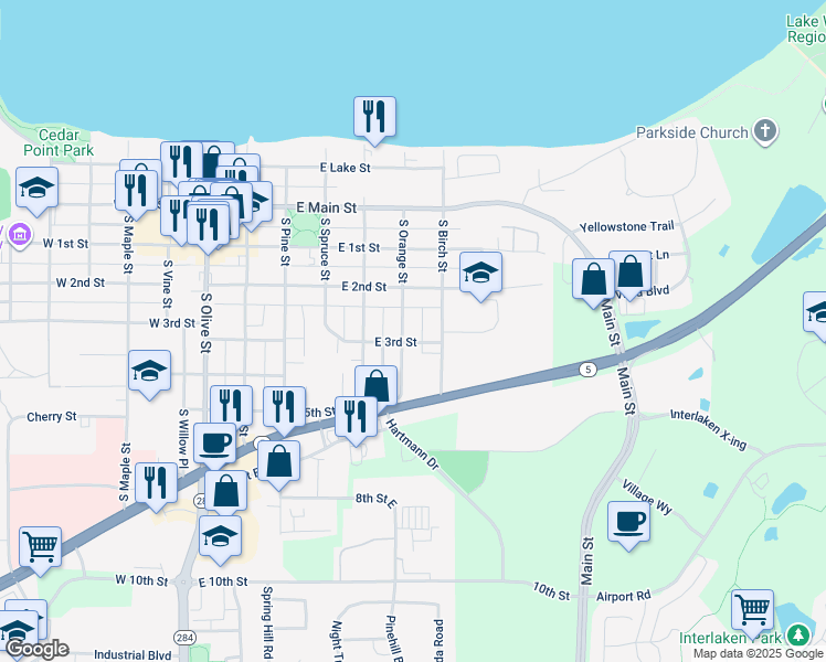 map of restaurants, bars, coffee shops, grocery stores, and more near 265 South Orange Street in Waconia