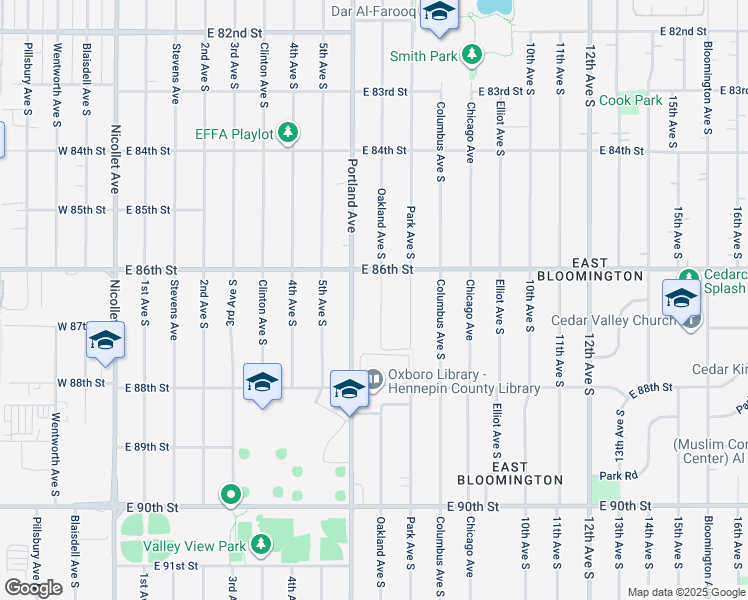 map of restaurants, bars, coffee shops, grocery stores, and more near 8625 Oakland Avenue South in Minneapolis