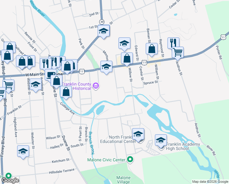 map of restaurants, bars, coffee shops, grocery stores, and more near 51 Howard Ave in Malone