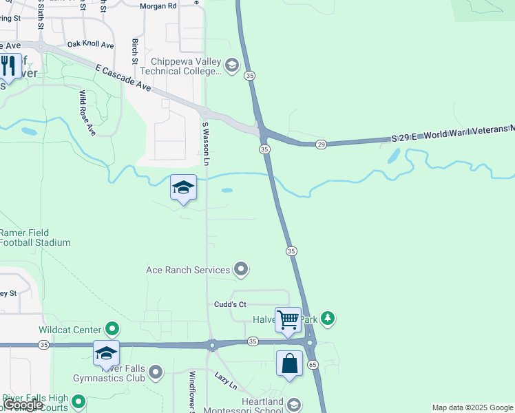 map of restaurants, bars, coffee shops, grocery stores, and more near 1485 Wildcat Court in River Falls