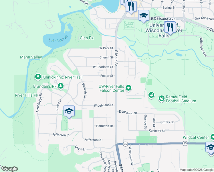 map of restaurants, bars, coffee shops, grocery stores, and more near 1029 State Street in River Falls
