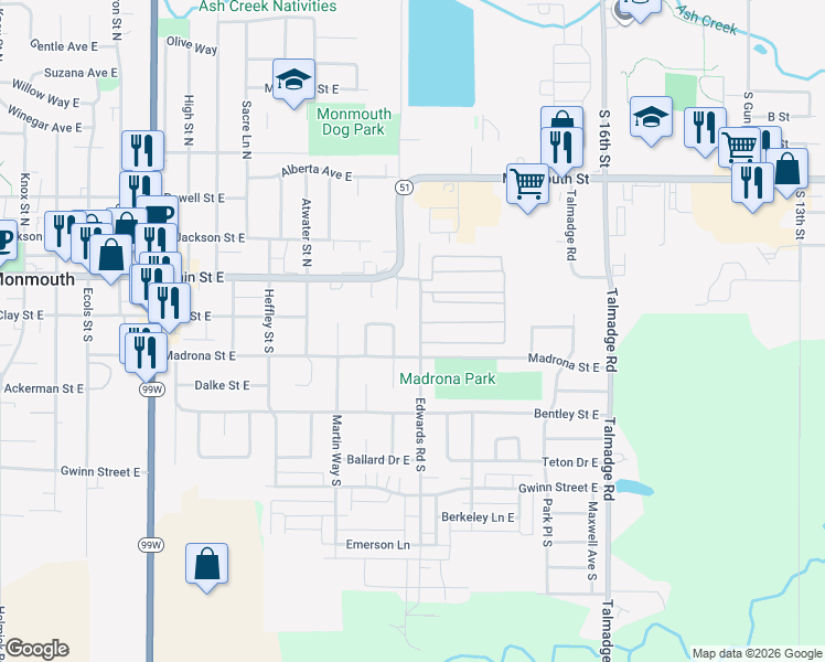 map of restaurants, bars, coffee shops, grocery stores, and more near 154 Killen Court in Monmouth