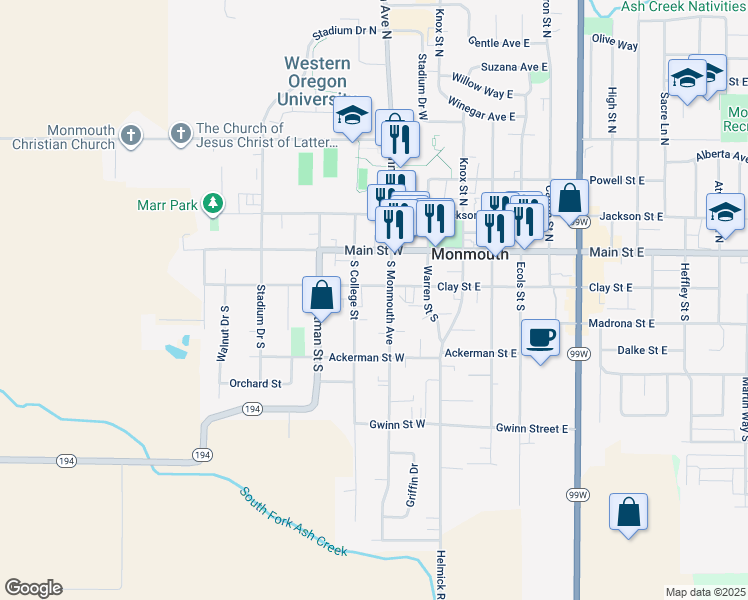 map of restaurants, bars, coffee shops, grocery stores, and more near 11 South College Street in Monmouth