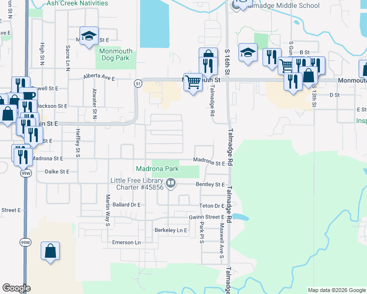 map of restaurants, bars, coffee shops, grocery stores, and more near 1477 Madrona Street East in Monmouth