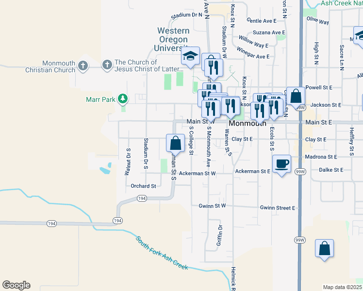 map of restaurants, bars, coffee shops, grocery stores, and more near 227 Whitman Street South in Monmouth