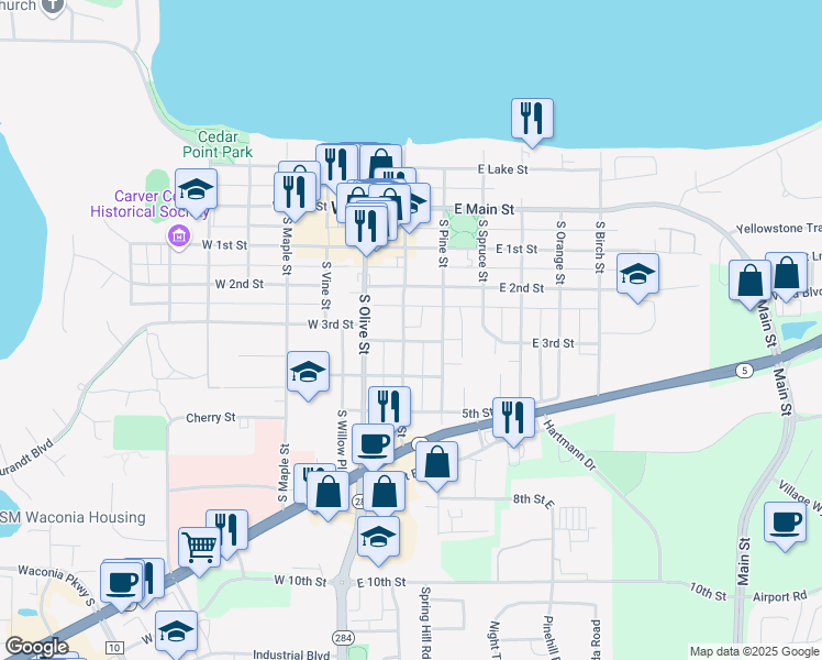 map of restaurants, bars, coffee shops, grocery stores, and more near 249 South Elm Street in Waconia
