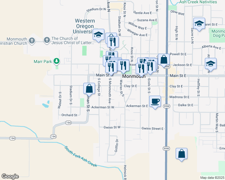 map of restaurants, bars, coffee shops, grocery stores, and more near 231 Monmouth Ave S in Monmouth