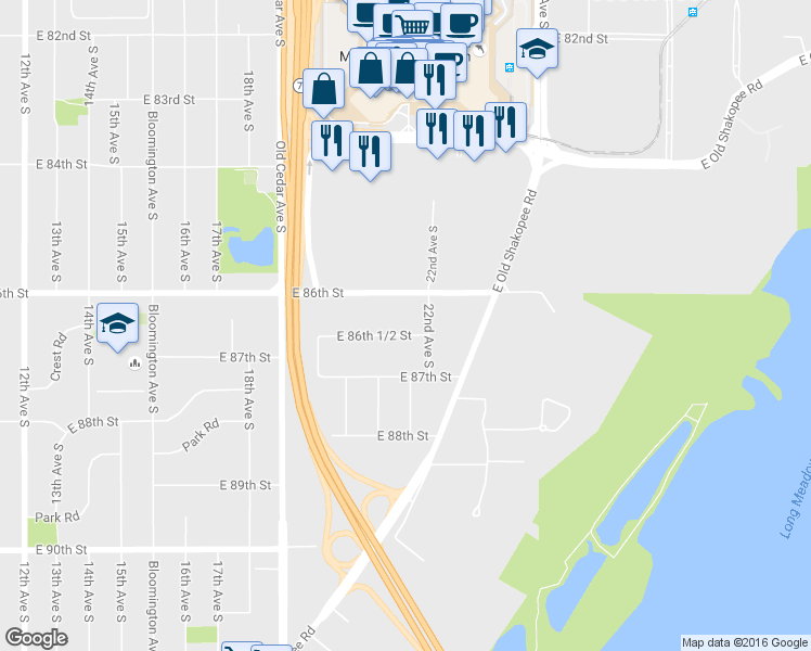 map of restaurants, bars, coffee shops, grocery stores, and more near 2018 East 86th 1/2 Street in Bloomington