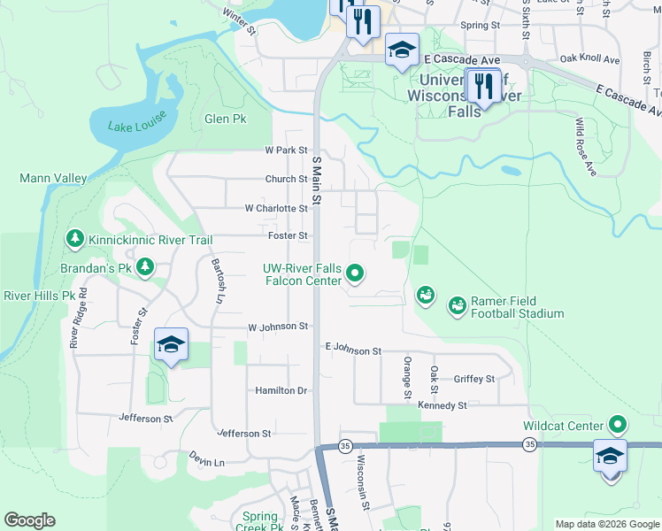 map of restaurants, bars, coffee shops, grocery stores, and more near 1042 South Main Street in River Falls