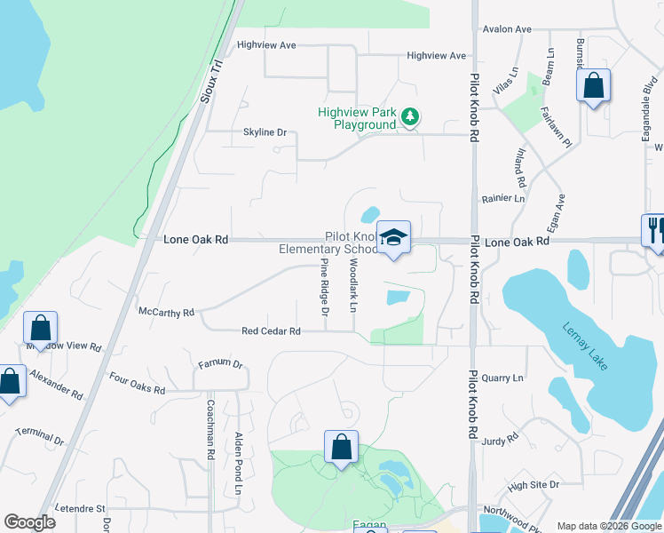 map of restaurants, bars, coffee shops, grocery stores, and more near 3020 Pine Ridge Drive in Eagan